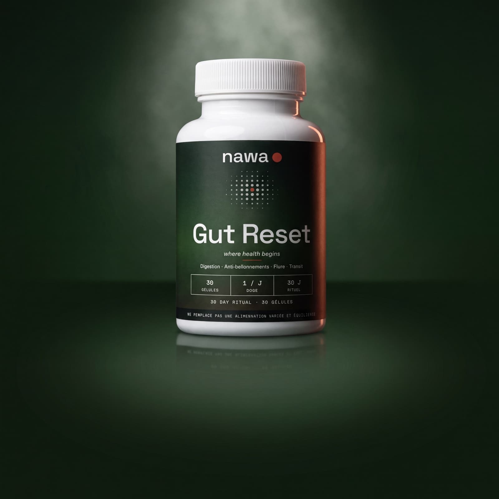 A NAWA Gut Reset bottle in studio on a forest-green background