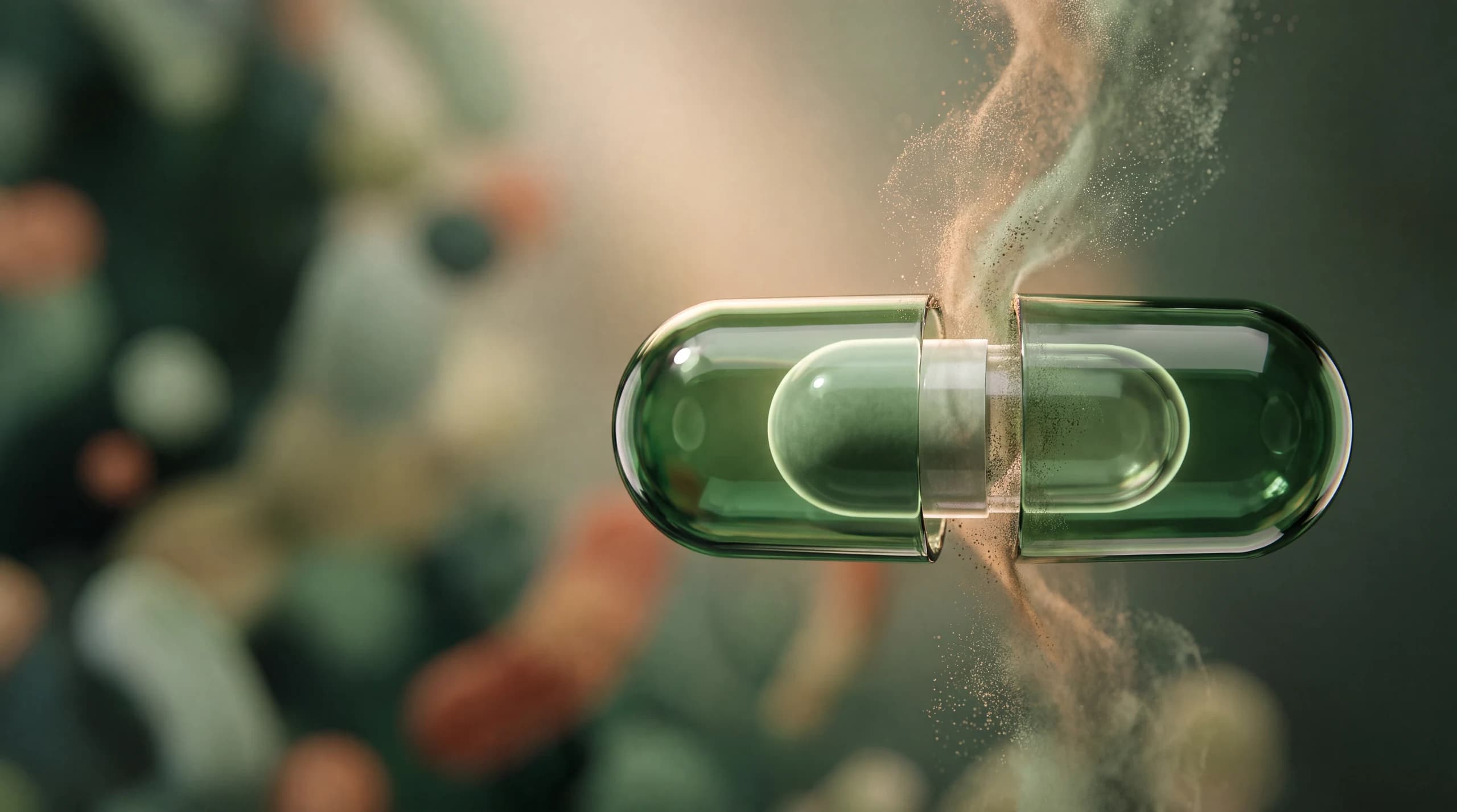 NAWA 2-in-1 capsule: a plant-based capsule opened to reveal a second capsule inside, at the heart of the microbiome