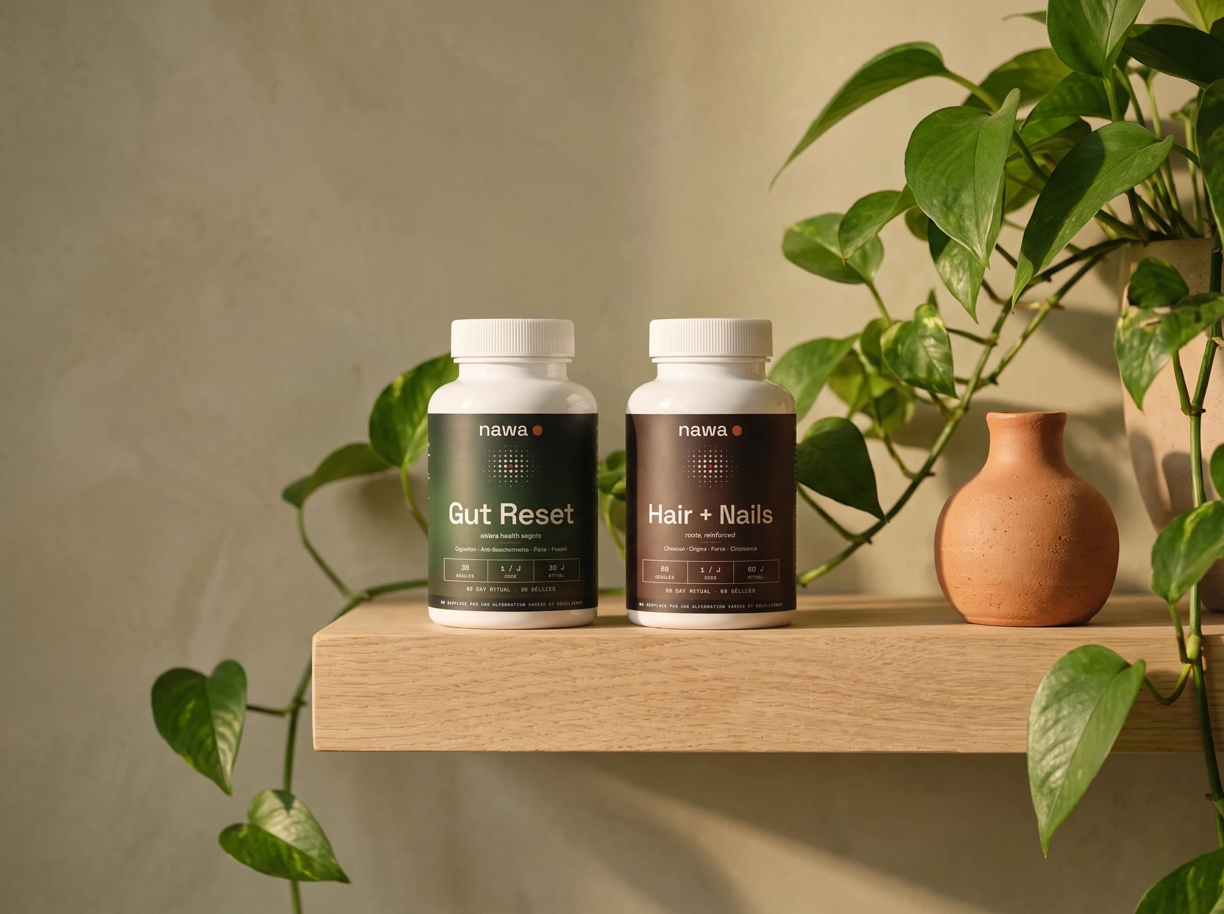 The NAWA duo on an oak shelf with a plant