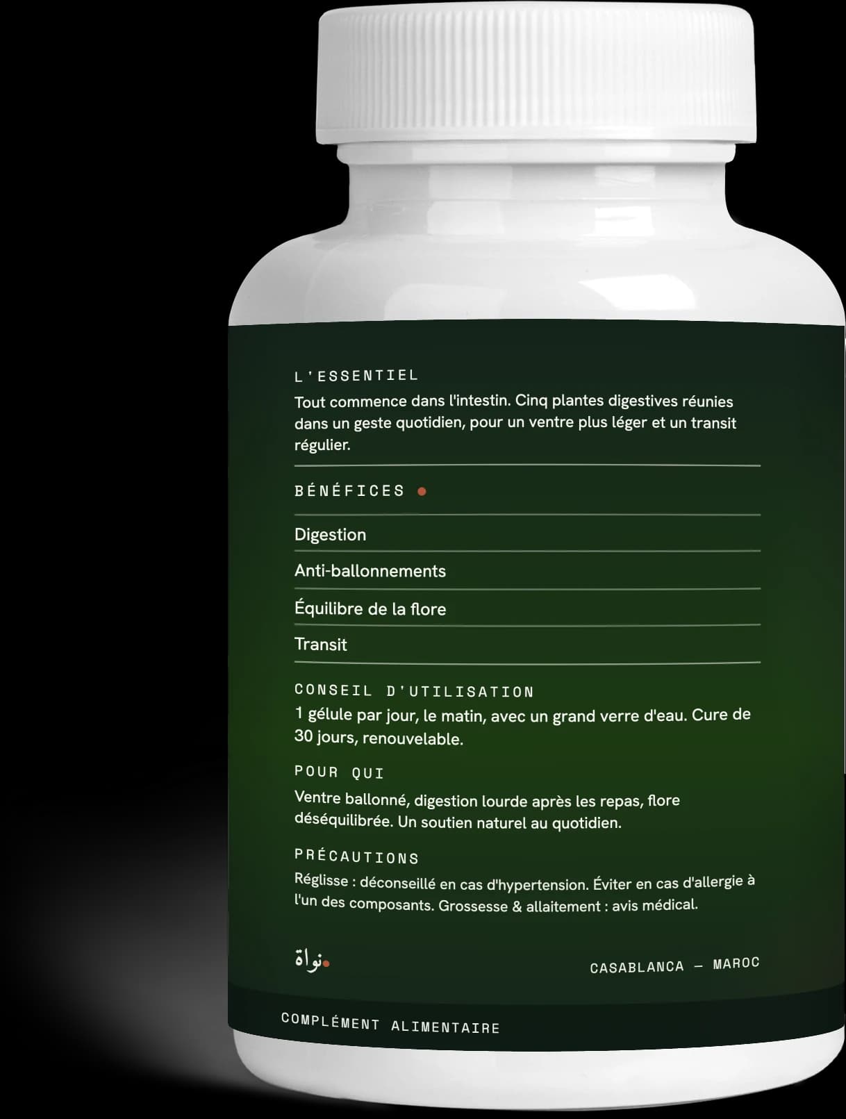 Back of the Gut Reset label — the essentials, the benefits, how to take it, the precautions and the “Casablanca — Morocco” line