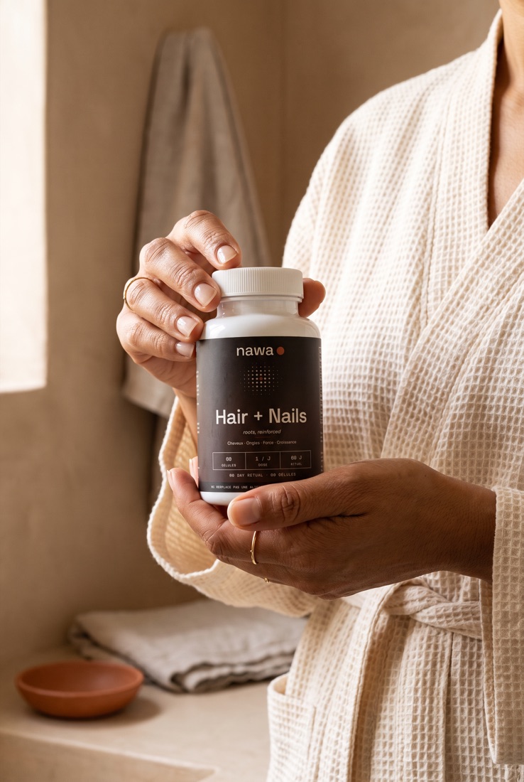 Membre NAWA tenant le flacon Hair + Nails dans une salle de bain en tadelakt